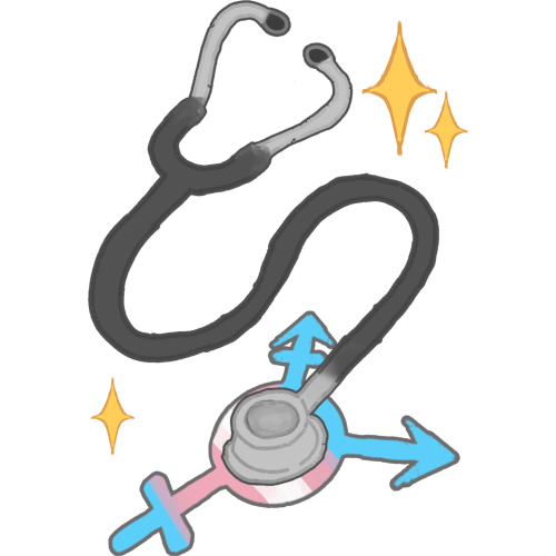 A black a grey stethoscope, its curled down and the heart piece is on top of the transgender symbol, the symbol is the colours of the trans flag, consisting of Blue, Pink and White.